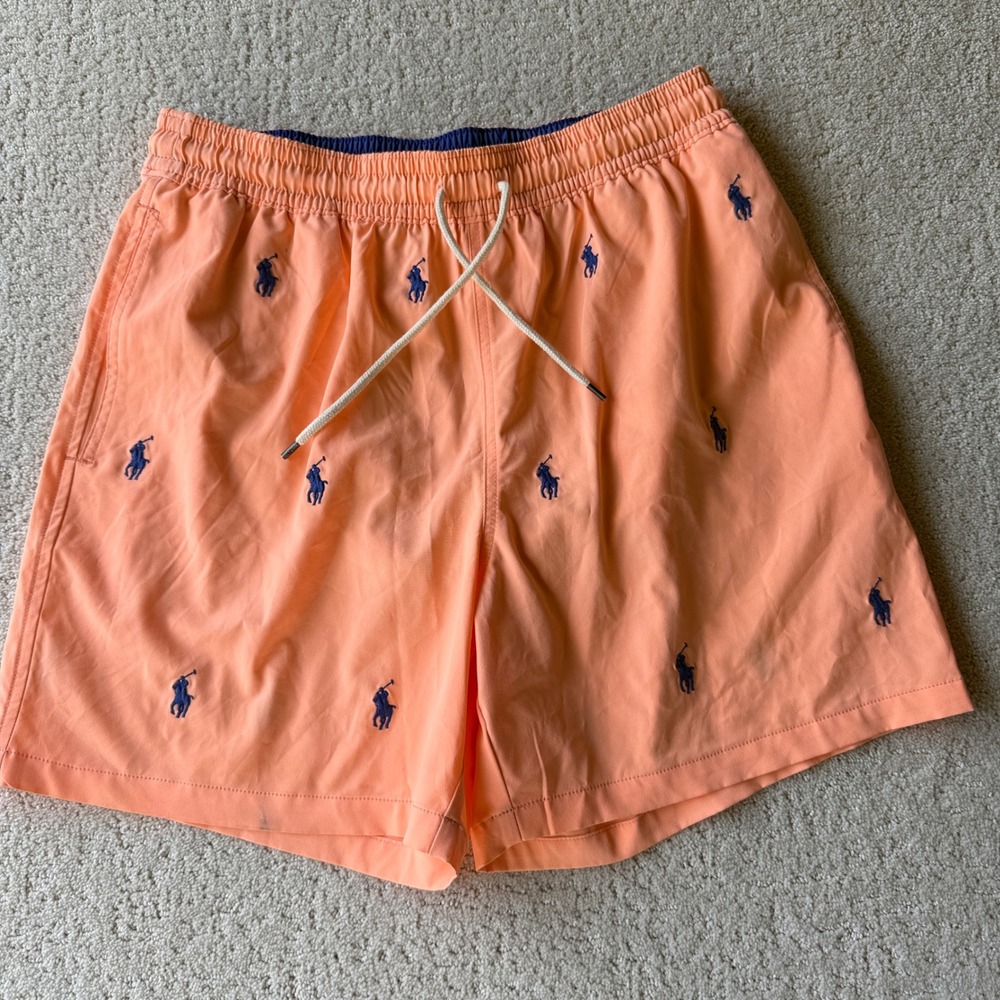 Polo Ralph Lauren Swim Trunks Men Large‎ Orange All-Over Pony Logo Mesh Lined